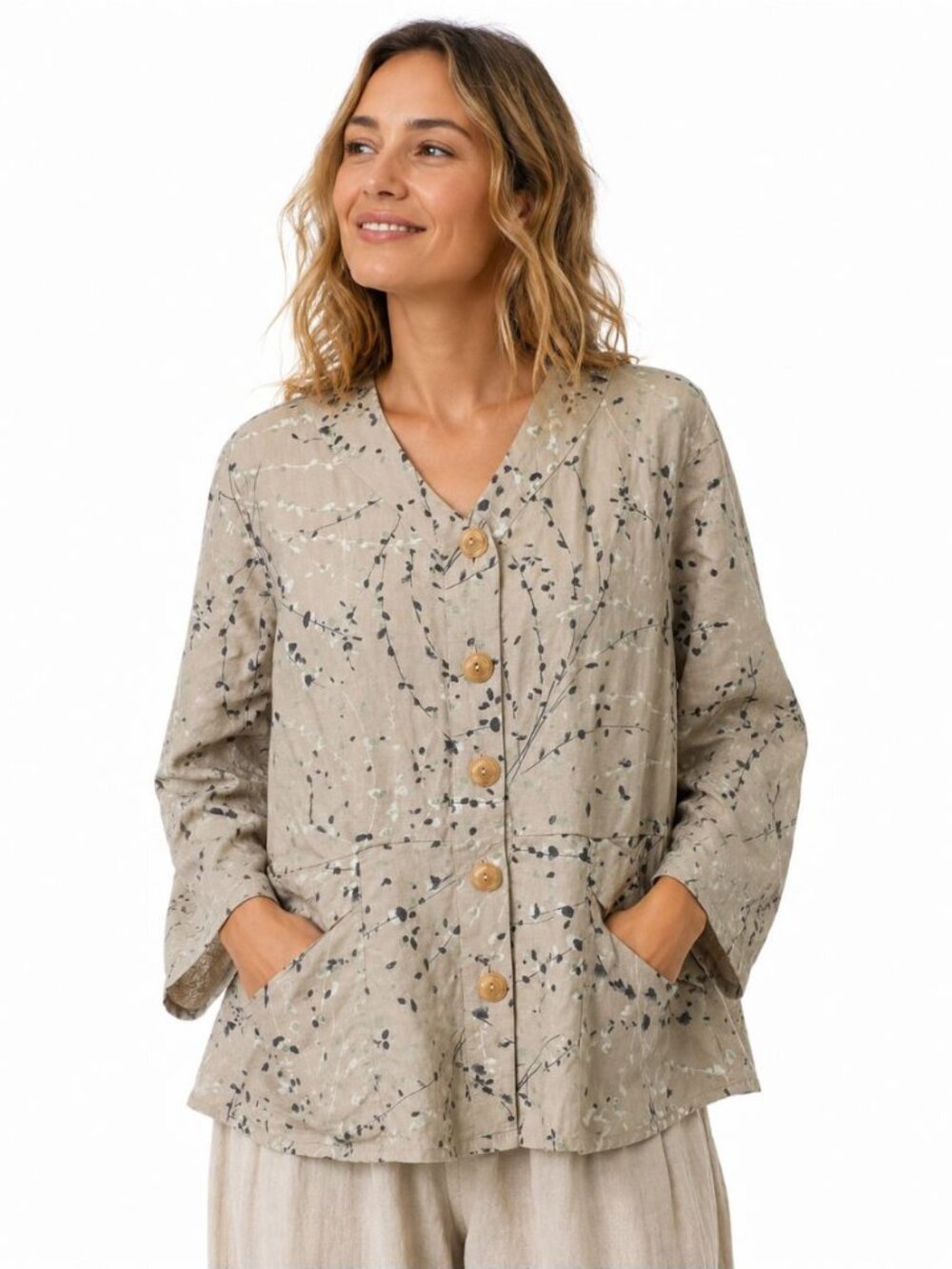 Flax Womens 100% Linen Blouse Jacket Button-Up Long Sleeve Relaxed Floral Size S